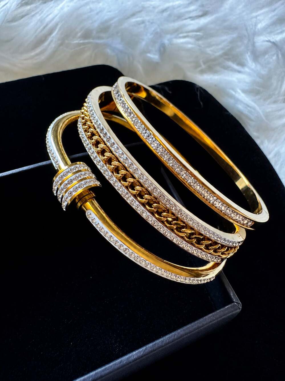 J01 Stainless Steel Gold-Tone Rhinestone Bangle Bracelet Set, 3-Piece